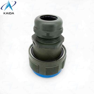 RJFTV6MG Acabamento Verde Oliva Cádmio. Plugue com Prensa-cabos Metálico. Mecanismo de acoplamento com rosca Tri Start (tipo MIL-DTL-38999 série III) com dispositivo anti-desacoplamento - Tamanho da carcaça 19"